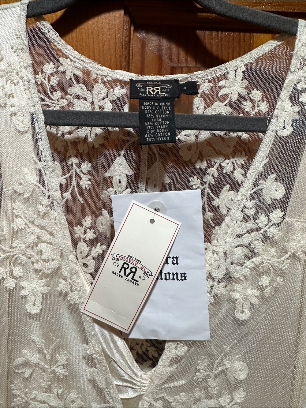 Double RRL-Ralph Lauren Cream Lace Maxi Dress with Floral Appliqué silk slip NWT